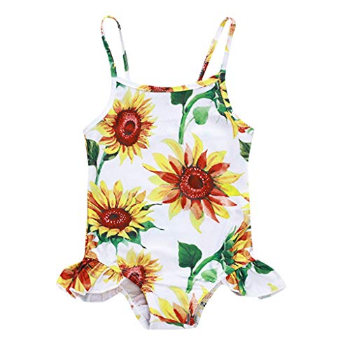 Cuekondy 0-24 Months Newborn Toddler Baby Girls Sunflower Print Ruffle One Piece Swimsuit Swimwear Beach Bathing Suit(White,0-6 Months)