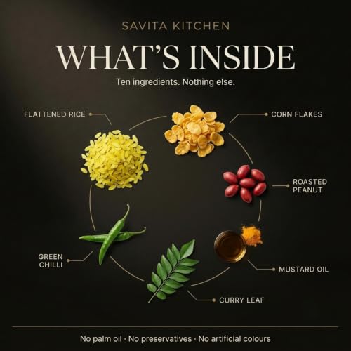 Image of Savita Kitchen Chura Chivda Namkeen 250g | Roasted Poha Chiwda Mixture with Peanuts, Curry Leaves & Green Chilli | Made in Mustard Oil | No Palm Oil, No Preservatives | Small Batch Tea Time Snack