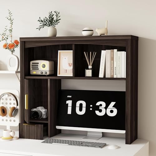 Image of Desktop Shelf, Wooden Desk Hutch with Storage, Desktop Bookshelf with Cabinet and Drawer, Office Desk Organizer, Space-Saving Organization, Over Desk Storage Shelves for Home, Dorm, Walnut