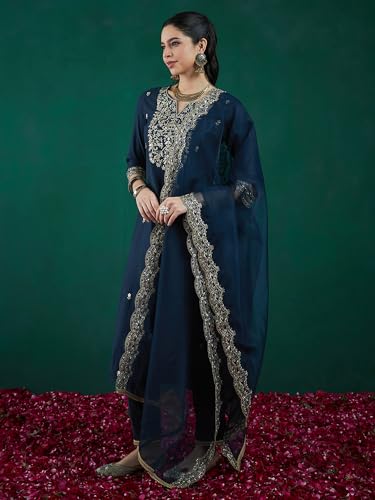 Image of INDO ERA Womens Rayon Viscose Embroidered Straight Kurta Pant Dupatta Set