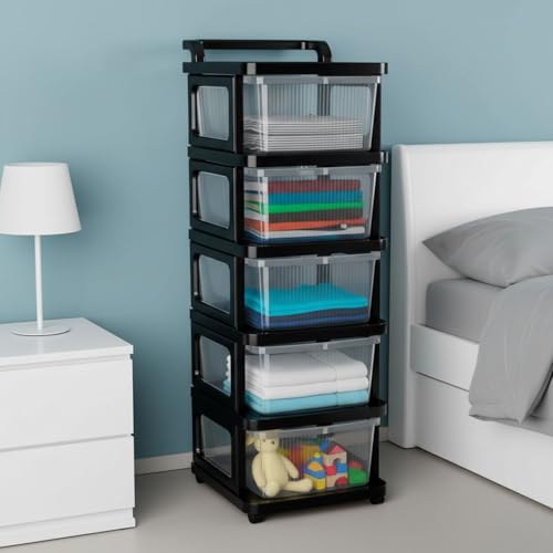 Image of Aliensware 5Layer Plastic Storage Drawer Organizer with Wheels, Modular Cabinet for Home, Office, School, Hospital, Parlor, Morden Kitchen,Clothes, Toys Organiser for Kids Room-Aliens-Clear Black