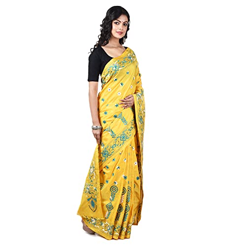 Aishani Collection yellow kantha stitch silk saree in art silk – image 3