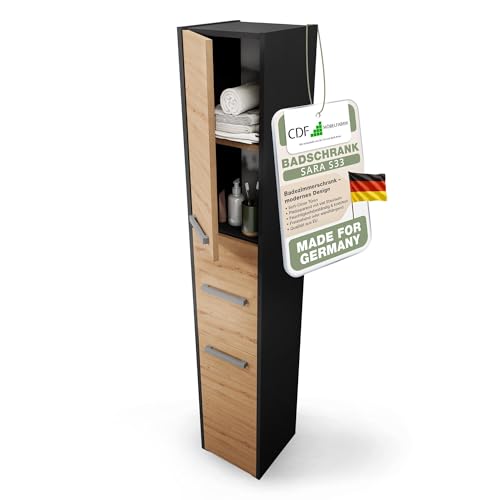 CDF Badezimmerschrank – Badschrank Schmal 30x30x170cm – Badezimmerschrank Schmal mit Langen Türen – Bad Hochschrank Modern – Badezimmer Schrank Hoch – Badezimmerschränke Anthrazit/Eiche Artisan