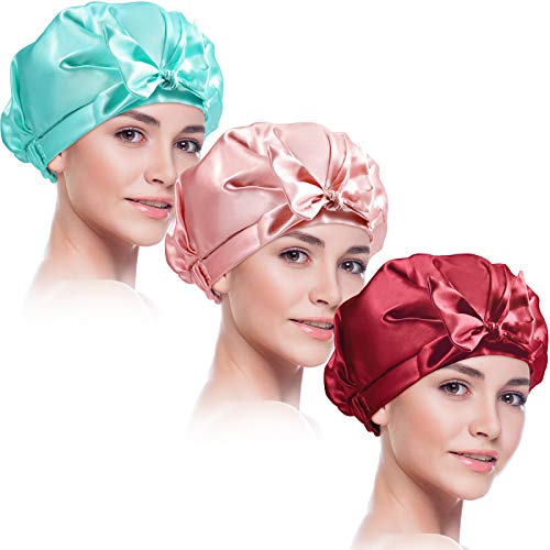 3 Pieces Shower Caps Double Layer Bath Hair Caps Waterproof Bowknot Bathing Caps Silky Satin Shower Cap Reusable Bathing Shower Hat for Women Bathing, Hair Spa, Travel Use (Red, Green, Pink,Adult)