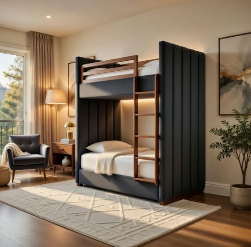 Image of STRATA FURNITURE Solid Wood Velvet Upholstered Bunk Bed with Ladder | Wooden Twin Over Double Bed for Bedroom Living Room and Home (Grey)