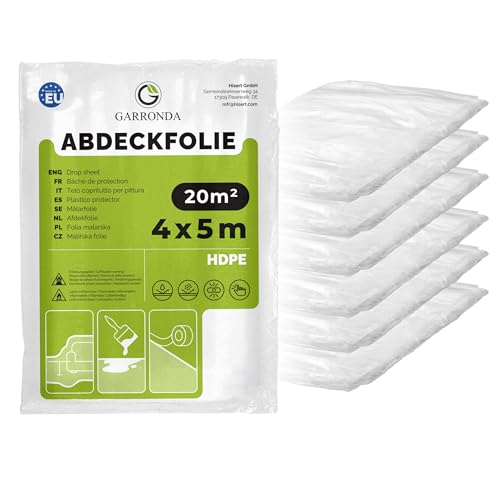 Garronda Abdeckfolie 4x5 m 6er Pack transparent HDPE Malerfolie für Renovierung, Staubschutzfolie Umzug, Abdeckplane Baufolie für Möbel- & Bodenschutz, Folie reißfest GD-0166