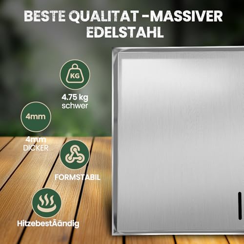 Premium Plancha Set mit Grillspachtel -30x40cm Edelstahl Grillplatte Universal Grillschale für Gasgrill und Kohlegrill-Massive 4mm Edelstahl Grillplatte