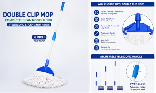 Image of ALTRUIST Double Clip Mop Combo | 1 Adjustable Telescopic Mop Stick 4fit + 2 Cotton Refills (1 Plain White & 1 Blue Stripe) | Heavy Duty Floor Cleaning Mops for Home, Office & Commercial Use