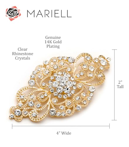 Image of Mariell Vintage Bridal Crystal Brooch Pin, 4 inch Wide, Gold Wedding Pin, Rhinestone Brooch for Brides and Wedding, Art Deco Fashion Accessory