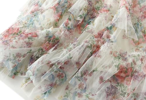Womens Floral Tulle Skirts Ruffle High Waist A-line Skirt Layered Pleated Flowy Fairy Skirt Fashion Party Long Dress3