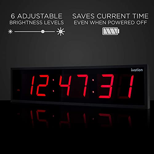 Ivation Huge 24" Inch Large Big Oversized Digital Led Clock With Stopwatch, Alarms, Countdown Timer & Temp - Shelf Or Wall Mount (Red) | 6-Level Brightness, Mounting Holes & Hardware #TOP4