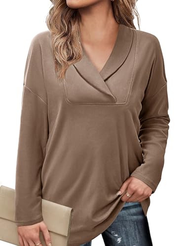 Image of Women's Long Sleeve Tops Fall Shawl Neck Tunic Tops for Leggings Casual Blouse Sweatshirt
