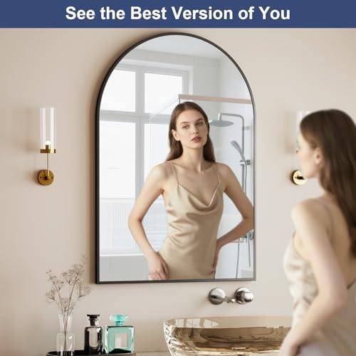 Image of HARRITPURE Arched Bathroom Mirror - 30 inchx48 inch Black Large Wall Mounted Vanity Mirror Aluminum Alloy Frame Arch Wall Mirror for Living Room, Bedroom, Entryway