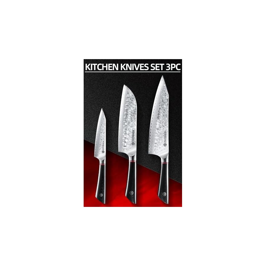 KIMROSE Damascus Knife Set - 3PCS - High-Carbon 10Cr15CoMoV Alloy Steel - Professional Chef Knife - G10 Handle - Razor Sharp Kitchen Knives - Magnetic Sheath - Gift Box