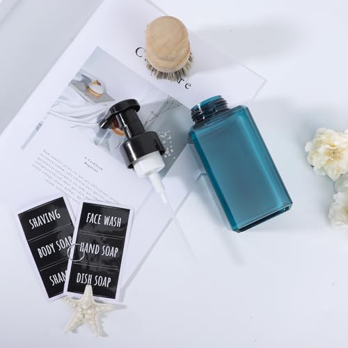 Image of Segbeauty Plastic Square Foam Pump Bottle Refillable 15.2oz, 2pcs Empty Foaming Soap Dispenser Bathroom, Blue Foaming Pump Bottles with Label Stickers, Refillable Foam Soap Dispenser for Kitchen 450ml