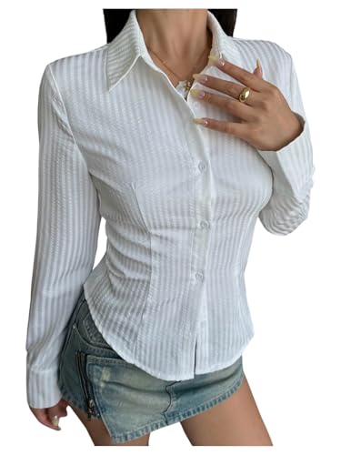 SweatyRocks Girl's Slim Fitted Button Down Work Blouse Top Elegant Dress Shirts