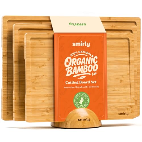 SMIRLY Wooden Cutting Boards For Kitchen Meal Prep & Serving - Bamboo Cutting Board Set with Holder,...