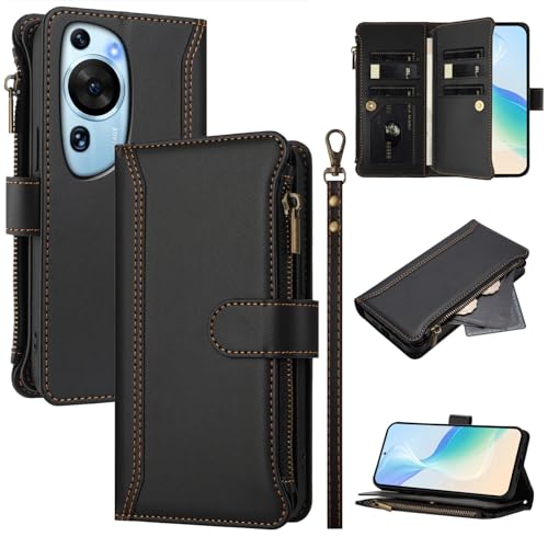 Rfvzubemok Compatible with Huawei P60 Art 4G,Compatible with Huawei P60 Art 4G Cover,Flip Kickstand Double Card Slots Zipper Wallet Case Black
