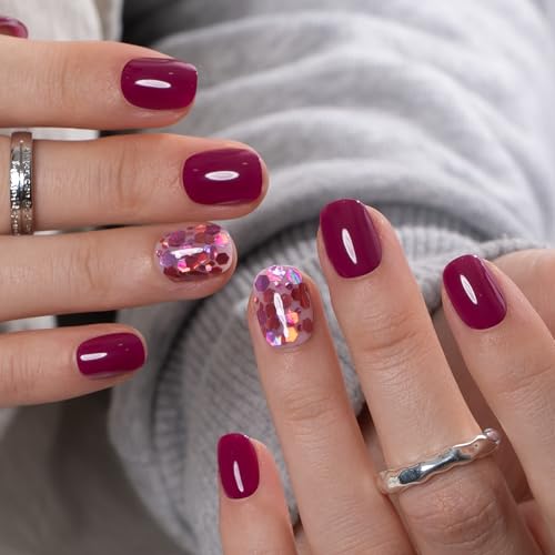 Image of CurvLife Soft Gel Press On Nails Square, Long-Lasting 32Pcs 16Size Reusable Stick On Fake Nails Kit with Glue Tabs, Glossy Salon-Style Manicure for Women Teens Beginners, At-Home (Wine Gem)
