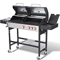 Charcoal and 3-Burner Propane Gas Grill Combo with Side Burner & Porcelain-Enameled Cast Iron Grate, Dual Fuel BBQ Grill with Easy-Clean System for Outdoor Events & Backyard Barbecue