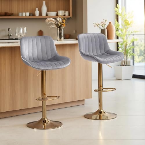Image of ECHINGLE Velvet Bar Stools Set of 4 - Swivel Counter Height Barstools with Back & Adjustable Height, Modern Gold Kitchen Island Stools for Bar, Armless Pub Stools, Soft Grey Upholstered Seating