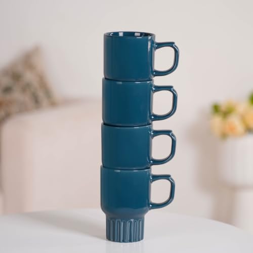 Image of Nestasia Ceramic Stackable Cups Set of 4 (270ml Each) - Fluted Bottom Tea & Coffee Cups with Glossy Finish | Microwave & Dishwasher Safe Cups - Ideal for Gifting (Deep Blue)
