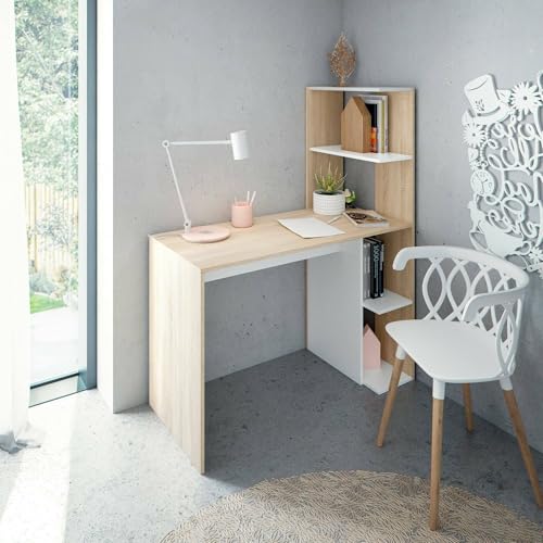 Dmora Scrivania Pittston, Scrittoio lineare con libreria, Tavolo Ufficio Multiuso salvaspazio, 110x52h136 cm, Bianco e Rovere
