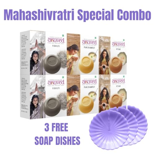 Image of Anuved Shiv Bhakti Combo Pack of 6 with 3 Free Soap Dishes| 125g each | Enriched with Rishikesh Gangajal amidst Mantra Chants