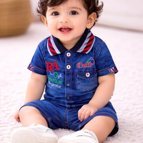 Image of Dreambells Baby Boy Dress 6-12 Months Combo Denim Romper Suit, Kids Clothes for Boys, Cotton Baby Dress with Golf Club Embroidery, Stylish Kids Wear for Boys 2 Piece Set