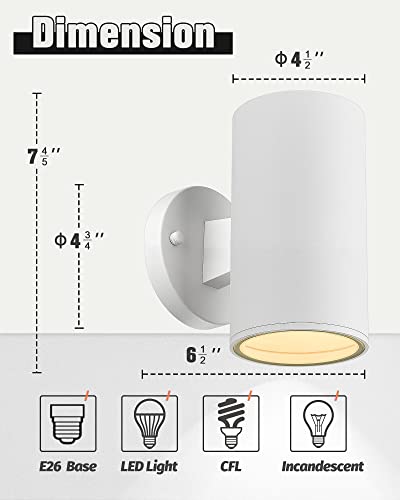 Image of Ken & Ricky Modern Aluminum Outdoor Wall Sconce Lights,Cylinder,White,2 PK