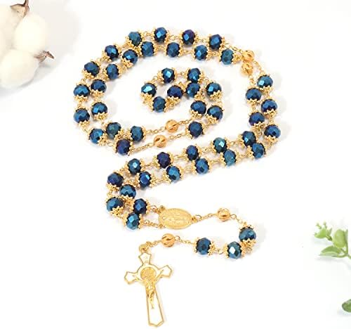 Nazareth Store St.Benedict Deep Blue Rosary Beads Catholic Rosary Necklace Golden Men, Women Chaplet Miraculous Medal and Cross 22"