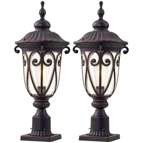 GOALPLUS 24 Inch Extra Large Outdoor Post Light Fixture, Aluminum Vintage Column Lamp with Pier Mount Base, 2 Pack Bronze Pole Lantern with Seeded Glass for Driveway Garden Entrance Pathway
