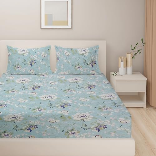 Image of Swayam Roto Cotton King Bedsheet with 2 Pillow Covers | Size 108 x 108 inch | 144 TC | Floral Design | Soft Breathable Bed Sheet | Comfortable & Durable for Bedroom - Blue