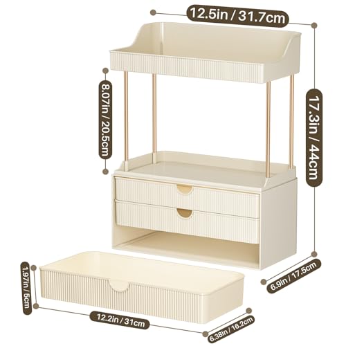 Image of caktraie Bathroom Organizers and Storage - 3 Drawers 2 Tier Makeup Organizer, Cosmetic Storage Drawer for Dresser Countertop and Bathroom Vanity for Large Skincare, Perfume, Cream White