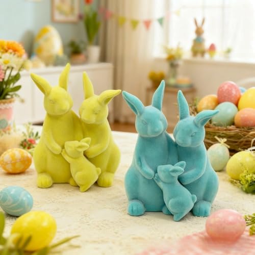 Lapin de Pâques en résine floqué bleu statuette décoration maison printemps rustique - 4