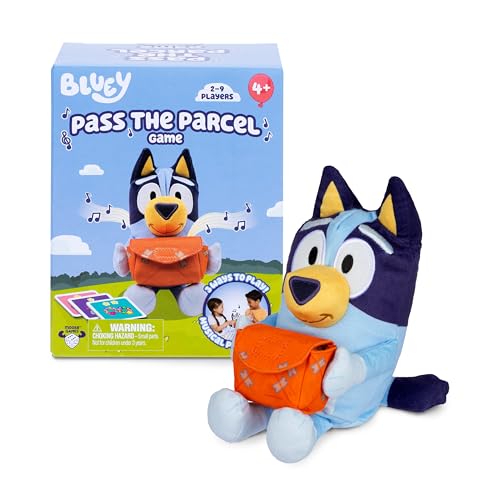 Bluey Pass The Parcel Musical Game, Soft Huggable 8" (20 cm) Plush. Three Interactive Games to Play, Incl. Hot Botato. Fun Family Game, Party Game and Preschool Game