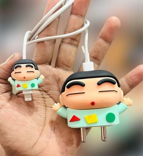 Image of DIVERTS Charger Case Cover 360 Degree Full Protection Cover Funny Cartoon Character Compatible for iPhone 18-20W Silicone Protective Charger Cover Cable Protector (SHIN Cartoon Design) Multicolor