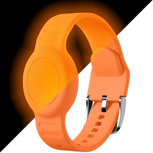 Foweroty for AirTag Bracelet for Kids, Waterproof Cute Print for Air tag Holder for Kids with Soft Silicone Full Coverage Anti-Lost Hidden for Airtag Wristband Accessories for Child, Luminous Orange