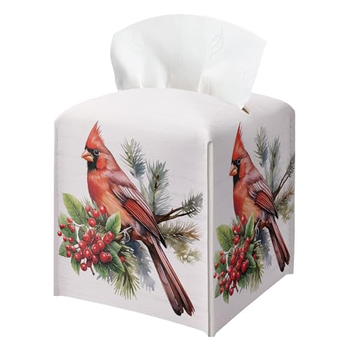 Christmas Tissue Box Holder, Christmas Cardinal Leather Tissue Box Cover Square with Bottom Belt, Paper Facial Decorative Tissues Cover for Night Stands Bathroom Office Home Decor-B11