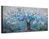 Acocifi Tree of Life Canvas Wall Art for Living Room, 30% Handmade Textured Painting 40'x20', Blue Tree Nature Landscape Picture Artwork Large Framed for Bedroom Home Office Wall Decor
