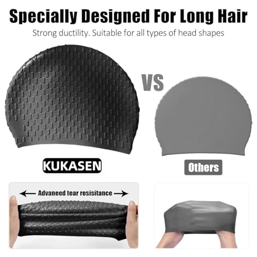 Silicone Swim Cap for Women Long Hair – 3D Non-Slip Design, Durable Tear-Resistant Waterproof Bathing Cap for Adults (Black)