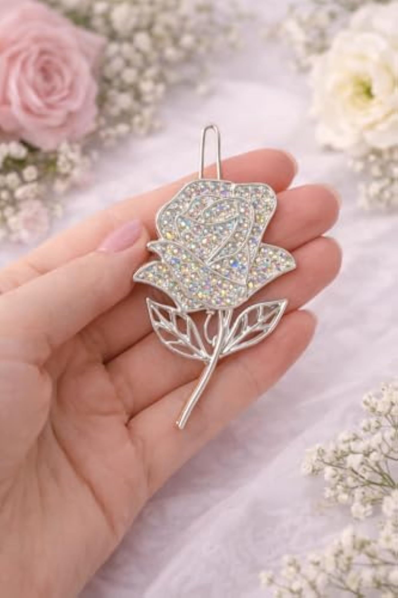 Crystal Rose Hair Pin, Silver, Rhinestone Embellished