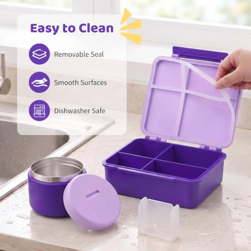 Image of Pawtong Bento Lunch Box with 8oz Soup Thermo, Kids Leakproof Lunch Food Containers with 4 Compartment, Kids Thermo Insulated Hot Food Jar for School, Trvael (Purple)