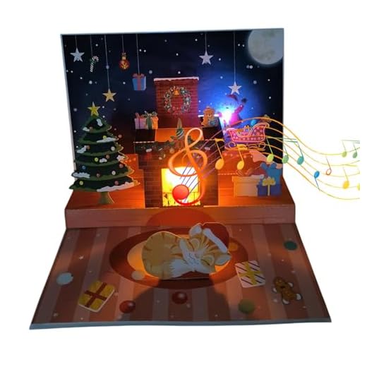 Cartes de Noël musicales – Carte de dessin animé chat et chien avec lumière | Cartes de bénédiction de cheminée de Père Noël, jouets de collection, accessoires festifs pour réunions de famille