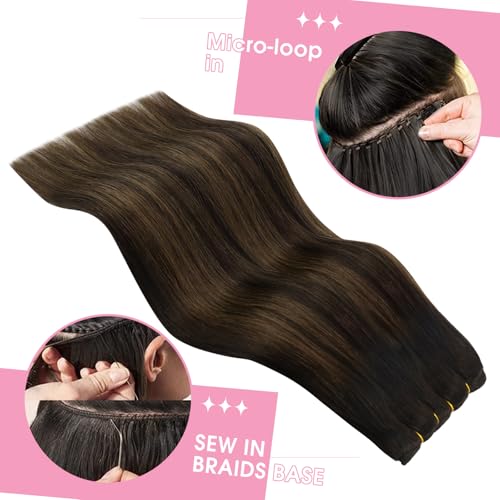 Image of YoungSee Sew in Hair Extensions Real Human Hair Brown Balayage Weft Extensions Darkest Mixed Medium Brown Human Hair Sew in Extensions for Natural Look 16 Inch 100g