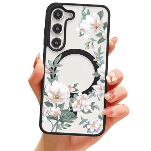 Image of VONZEE Compatible with Samsung Galaxy A35 5G Case Luxury Retro Flowers Floral Clear for Magnetic Wireless Charging Case Shockproof PC+TPU Cute Glossy Shiny Cover for Girls Women, Black