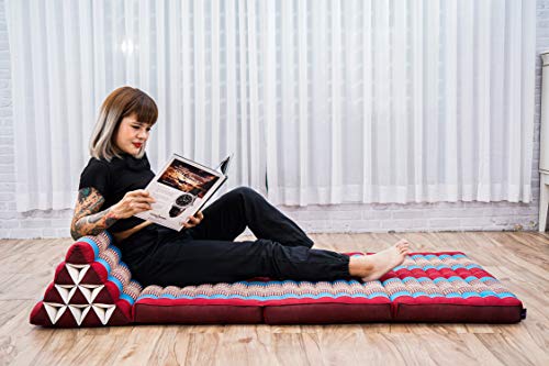 Image of Leewadee 3-Fold Mat XXL with Triangle Cushion - Firm TV Pillow, Foldable Mattress with Cushion Made of Kapok, 67 x 31 inches, Blue Red