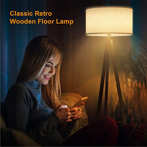 LEPOWER Wood Floor Lamp Tripod, Mid Century Standing Lamp, Modern Design Studying Light for Living Room, Bedroom, Study Room and Office, Flaxen Lamp Shade with E26 Lamp Base Dark - Image 3
