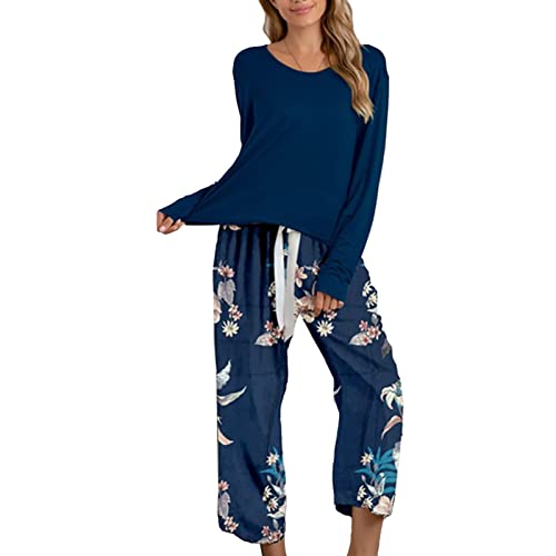 Pyjamas för kvinnor, bomull, tvådelad hemmadräkt, nattkläder, loungewear, långärmad, rund hals, fritidsoverall, Mörkblå, XL