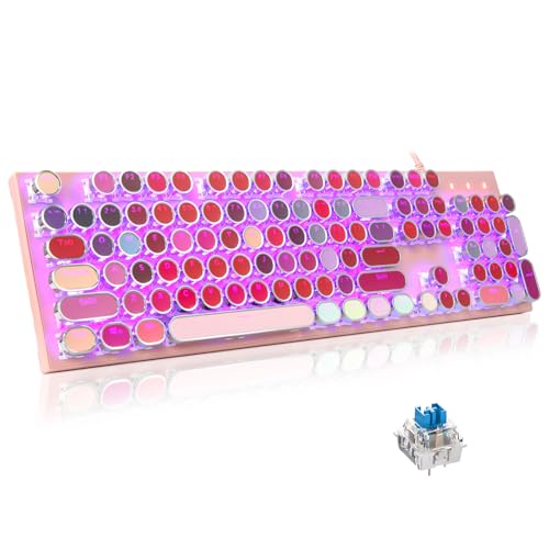 HUO JI タイプライター キーボード 有線 メカニカル 赤軸 静音 テンキー付き 英語配列 レトロ メタルパネル 紫色バックライト 丸型キーキャップ 全キー衝突防止 Windows Mac 対応 (リップステックピンク)
